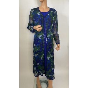 Women Formal Size 2X Blue Dress And Embroidered Long Cardigan Floral